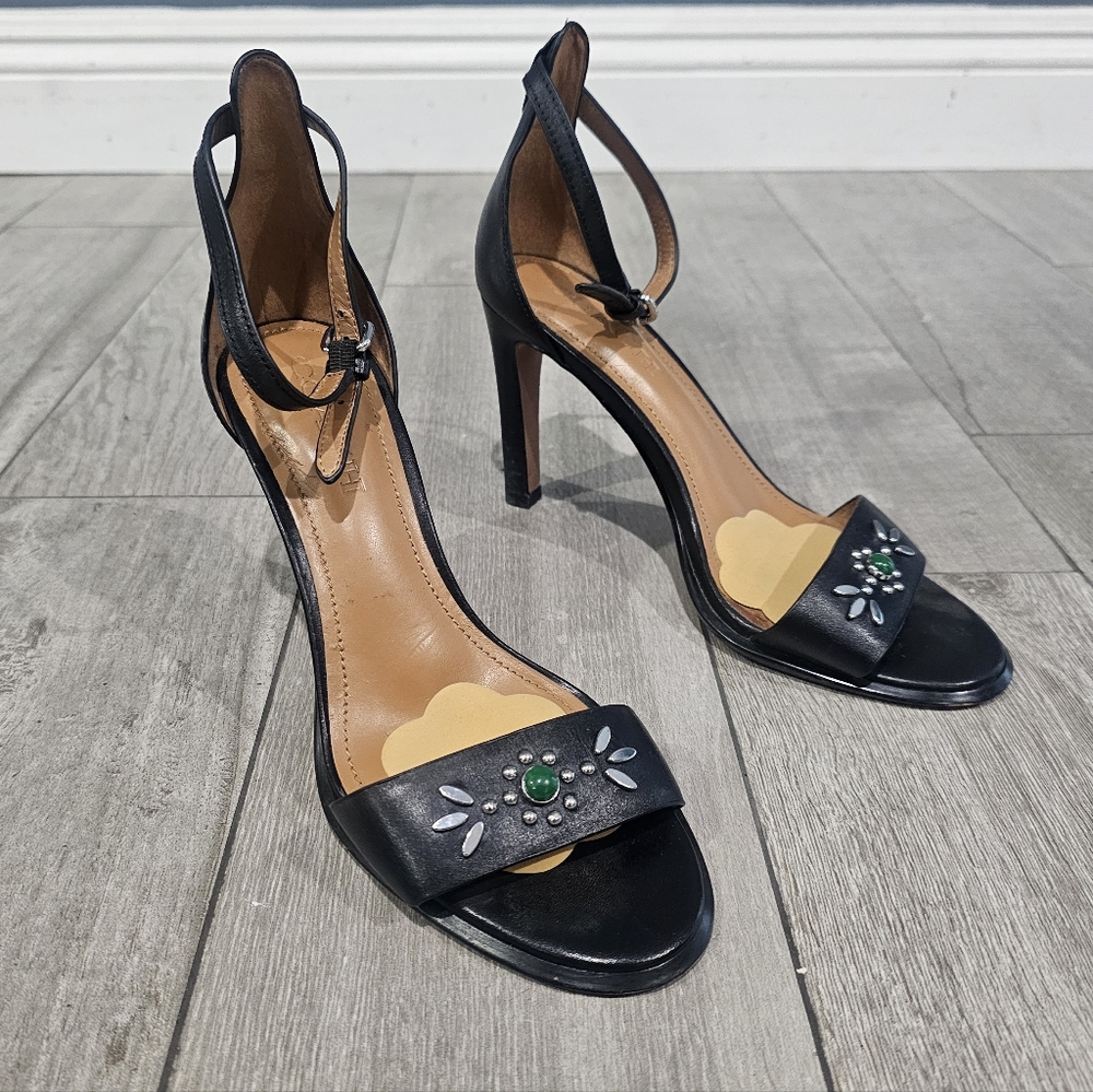 COACH Black Lether Embellished Ankle Strap Open Toe Stiletto Sandals 7.5B
